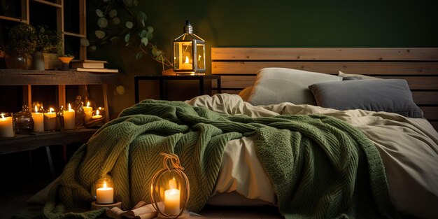 Bedroom interior with green blankets on the bed burning candles