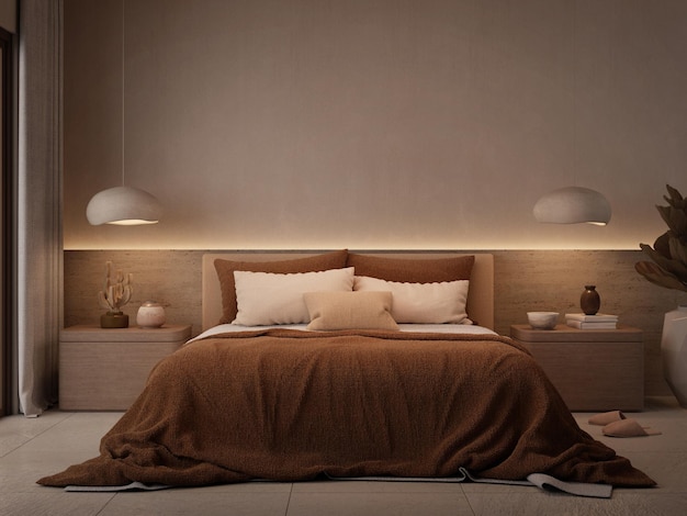 Foto interno della camera da letto con illuminazione progettazione di lettiera marrone rendering 3d