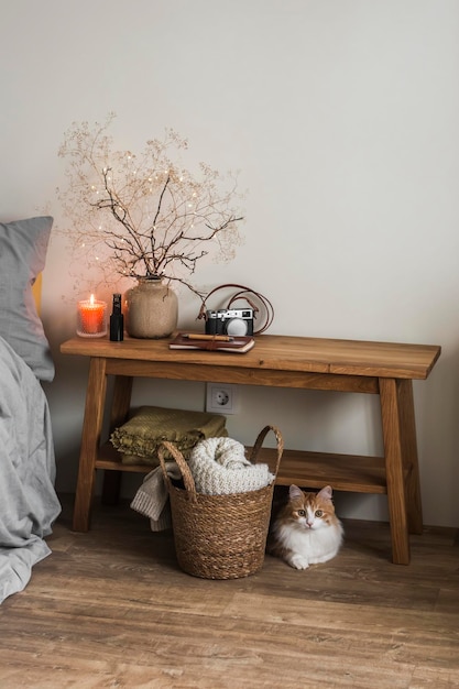 Bedroom interior with wooden bench autumn decor basket with blankets and a red cat under the bench