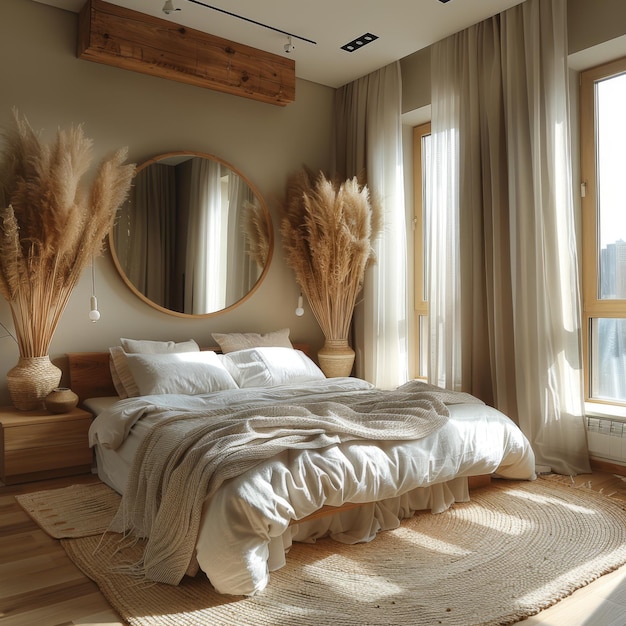 Photo a bedroom is adorned with light wood furniture beige walls and a sizable round mirror