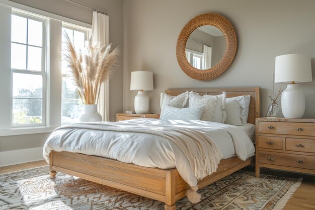 Photo a bedroom is adorned with light wood furniture beige walls and a sizable round mirror