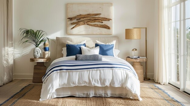 The bedroom is a serene retreat with a crisp white bed adorned with a blue and white striped duvet