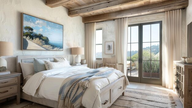 The bedroom is a tranquil oasis with its whitewashed walls and ceiling accented with wooden beams