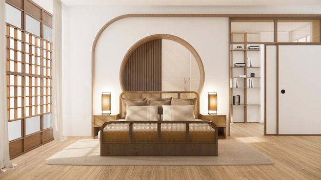 Спальня в японском минималистском стилеСовременная белая стена и деревянный пол комнаты минималистский 3D рендеринг