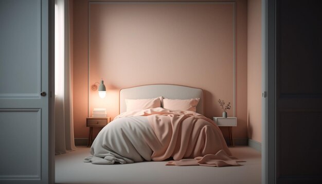 Спальня в светлых тонах персикового тренда 2023 года Современный богатый интерьер комнаты, дизайн дома и мебель Генеративный AI