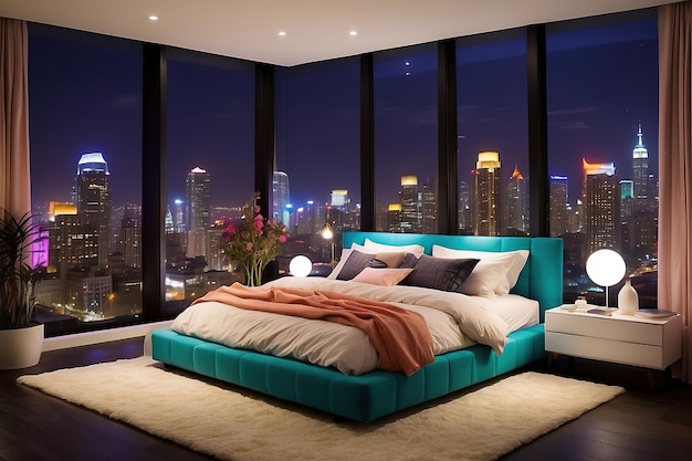 bedroom over looking the city at night