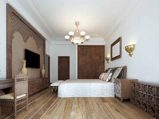 Bedroom in the Middle Eastern Arabian style with luxurious wooden carvings and a large bed with a wooden headboard. 3D rendering