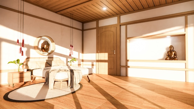 Спальня макет с деревянной кроватью в японии минимальный дизайн. ,