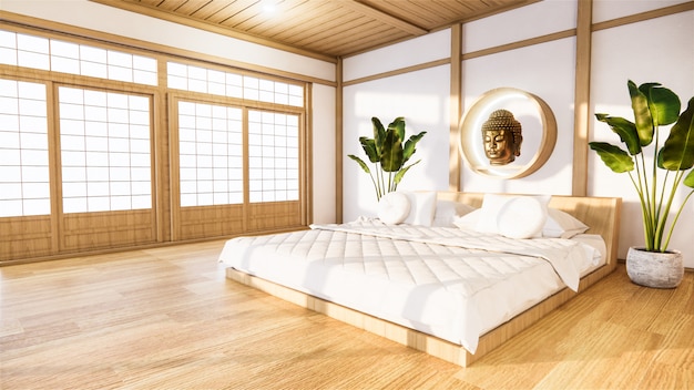 Bedroom mock up with wooden bed in japan minimal design. .