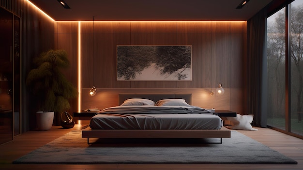 Bedroom modern interior design Dark room with lights panoramic window of garden view grey bed wooden wall and floor Contemporary home space with furniture illustration background Generative AI