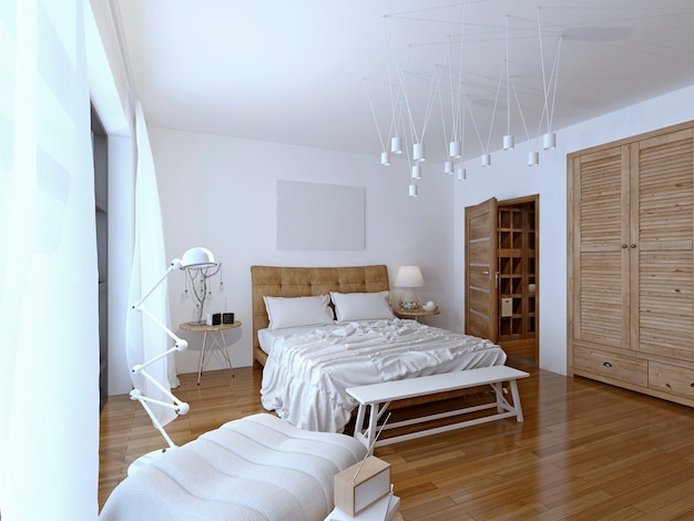 Спальня в современном стиле, у кровати достаточно места для прикроватных тумб.