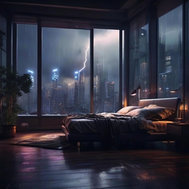 Bedroom in the night with city view 3d render