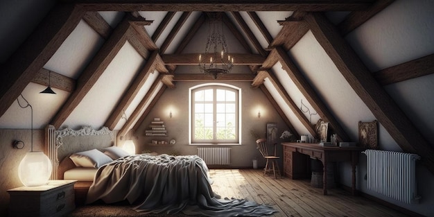 オーク材の床、傾斜天井、木の梁のある屋根裏部屋にある古い家の寝室