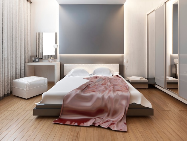 Camera da letto in stile orientale chiaro con fiori rossi e gialli. camera da letto con un grande letto, armadio scorrevole e un sistema multimediale con tv. rendering 3d.