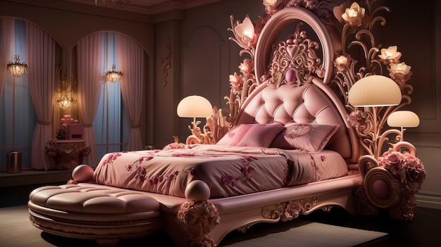 A bedroom princes barbie with a very comfortable soft mattress with a light of the room pink color G