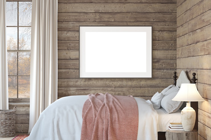 Photo bedroom in ranch house. interior and frame mockup. 3d render.