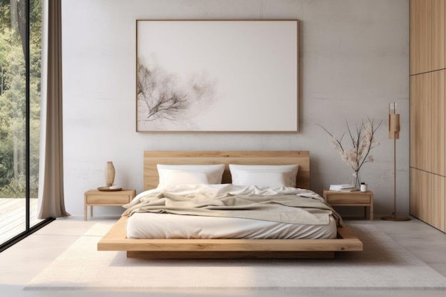 스칸디나비아 스타일의 침실 나무 바닥에 베개와 부드러운 담요 가구가 있는 더블 침대 Generative AI 일러스트레이션