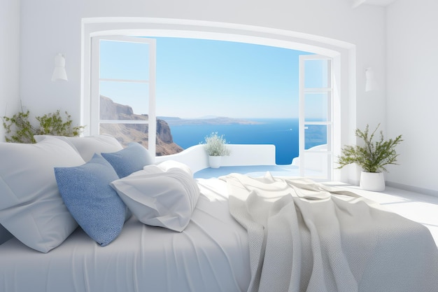 Bedroom sea view White Bedroom interior Santorini style