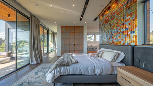 В спальне стена, сделанная полностью из переработанных стеклянных панелей, добавляет elegance и