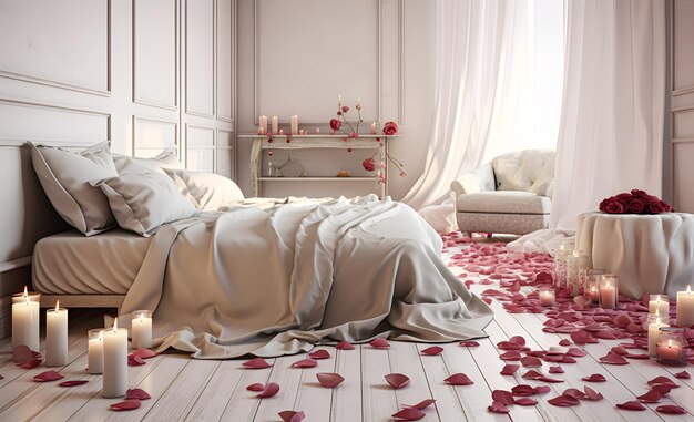 バラの花びらとろうそくで散らばった寝室