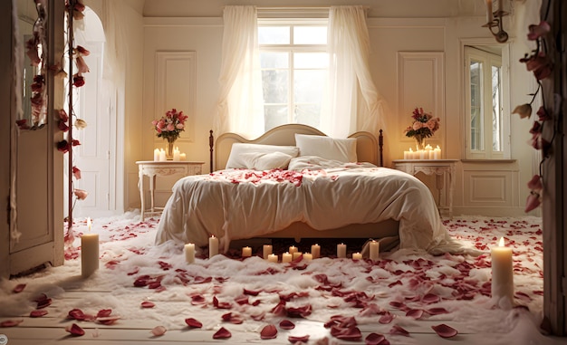 バラの花びらとろうそくで散らばった寝室