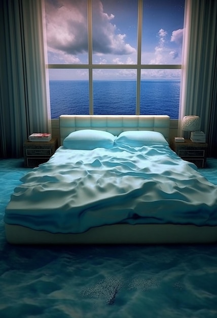a bedroom that has a giant wave over the front doors water crashing on a white floor in a bedroom