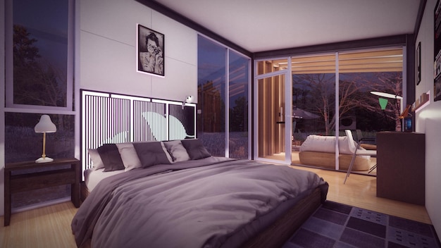 bedroom of tiny house 3d illustration