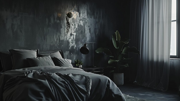 Photo bedroom wall mockup cozy dark grey interior background groua dark room with a bed and a plant