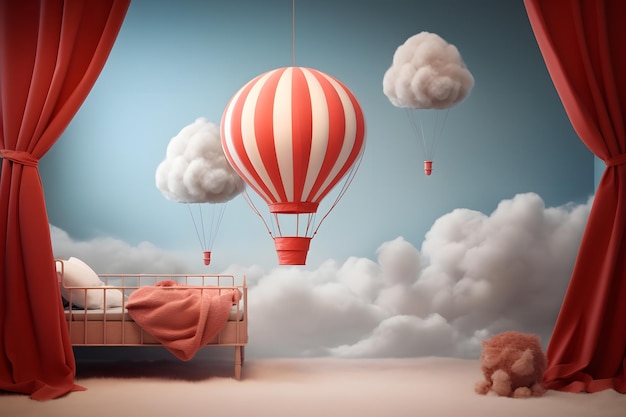 a bedroom wall mural with a surreal floating hot air ballon