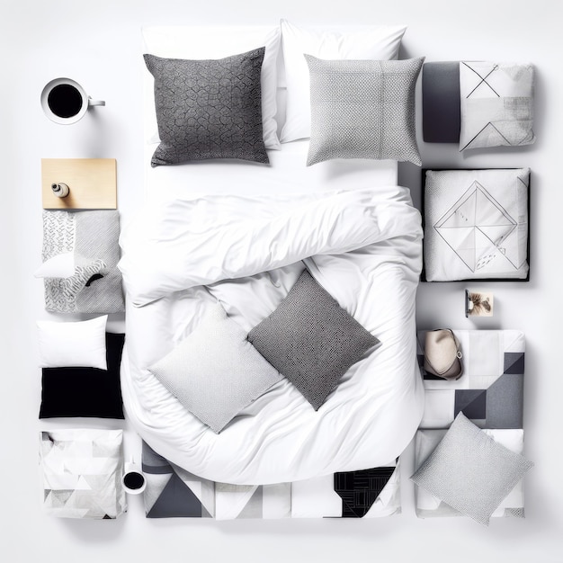 Photo bedroom in white grey and black colors white backdrop top perspective generative ai