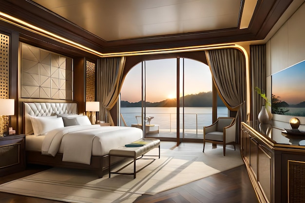 A bedroom with a balcony and a balcony with a view of the sea.