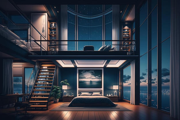 A bedroom with a balcony and a bed with a lamp on it.