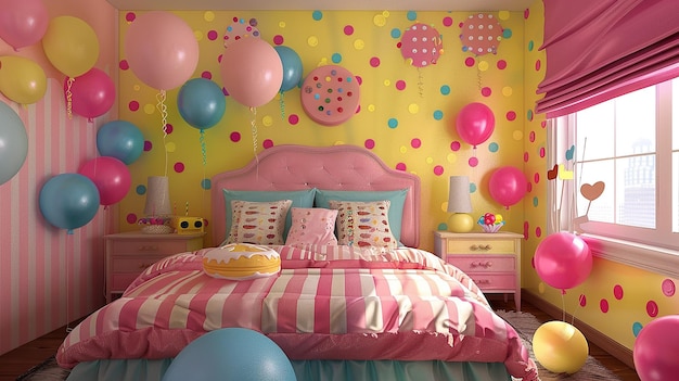 a bedroom with balloons on the wall and a girl on the wall