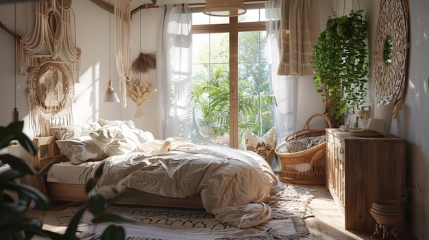 Photo a bedroom with a basket and a basket of stuff on the floor