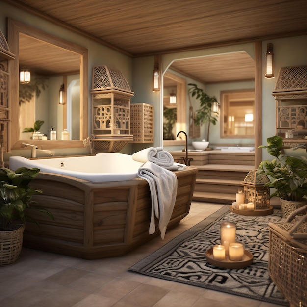 a bedroom with a bed and a bathtub with a plant in it