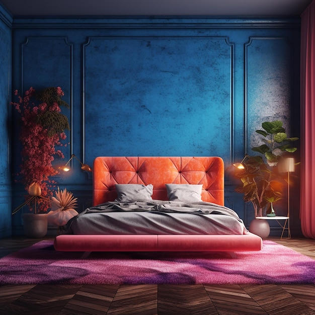 ベッドと青い壁の隅に植物のある寝室。