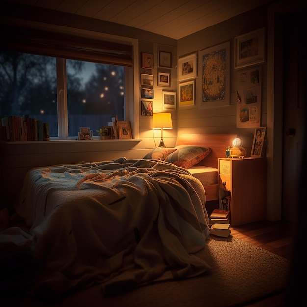 a bedroom with a bed and a book on the side