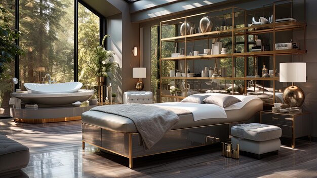 a bedroom with a bed and a bookcase with a large window