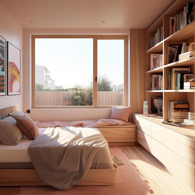 Una camera da letto con un letto e una libreria con sopra un