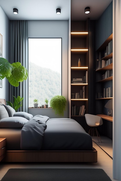 A bedroom with a bed and a bookcase with a plant on the wall.