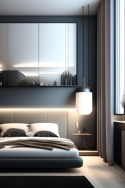 A bedroom with a bed and a cabinet with a city skyline on the wall.