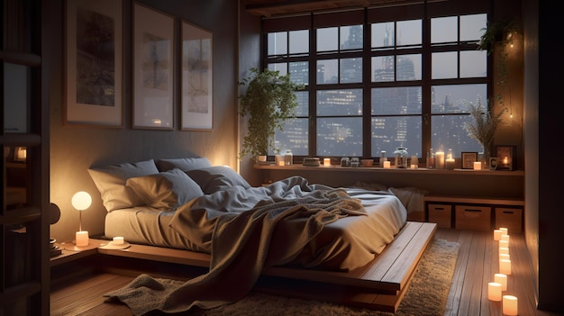 A bedroom with a bed and candles on the floor AI generative image Norway house