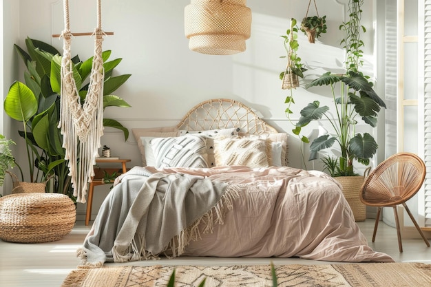 A bedroom with a bed a chair and a plant