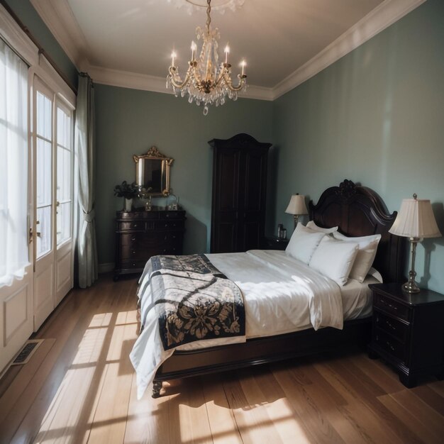 Photo a bedroom with a bed and a chandelier hanging from the ceiling