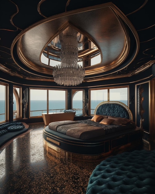 A bedroom with a bed and a chandelier in the middle of the room.