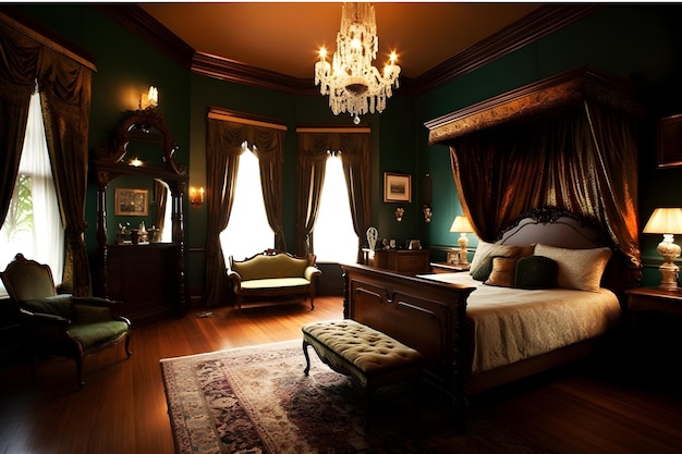 A bedroom with a bed and a chandelier that says " the bed is in a room "