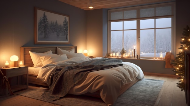 A bedroom with a bed and a christmas tree AI generative image Norway house