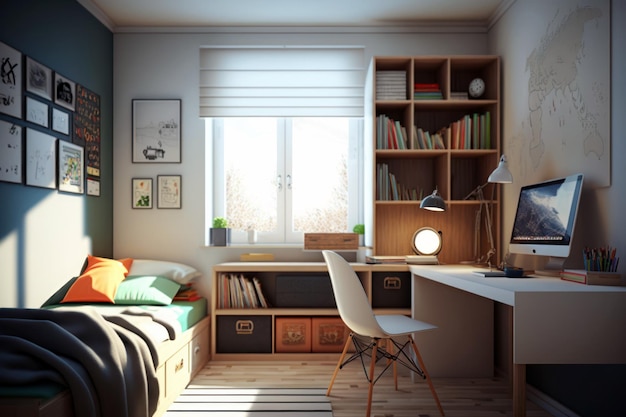 A bedroom with a bed, a desk, a bookcase, and a window with the words'home'on it.