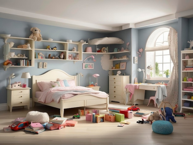 a bedroom with a bed desk and shelves of toys on the floor