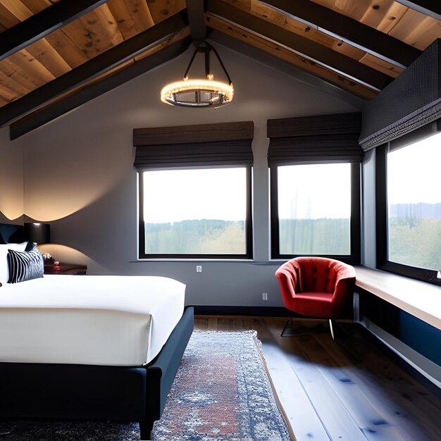 A bedroom with a bed and a desk with a red chair.